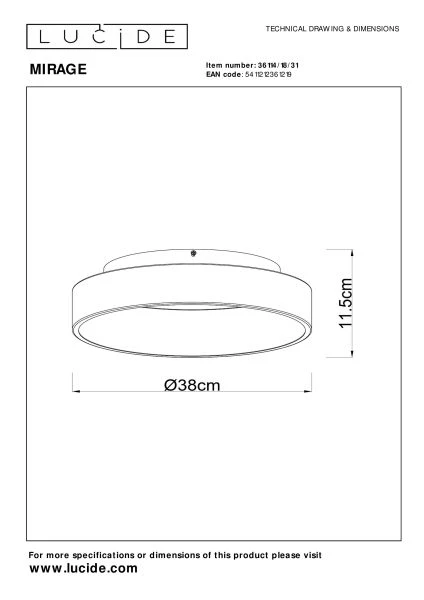 Lucide MIRAGE - Deckenleuchte - Ø 38 cm - LED Dim. - 1x22W 2700K - Weiß - technisch